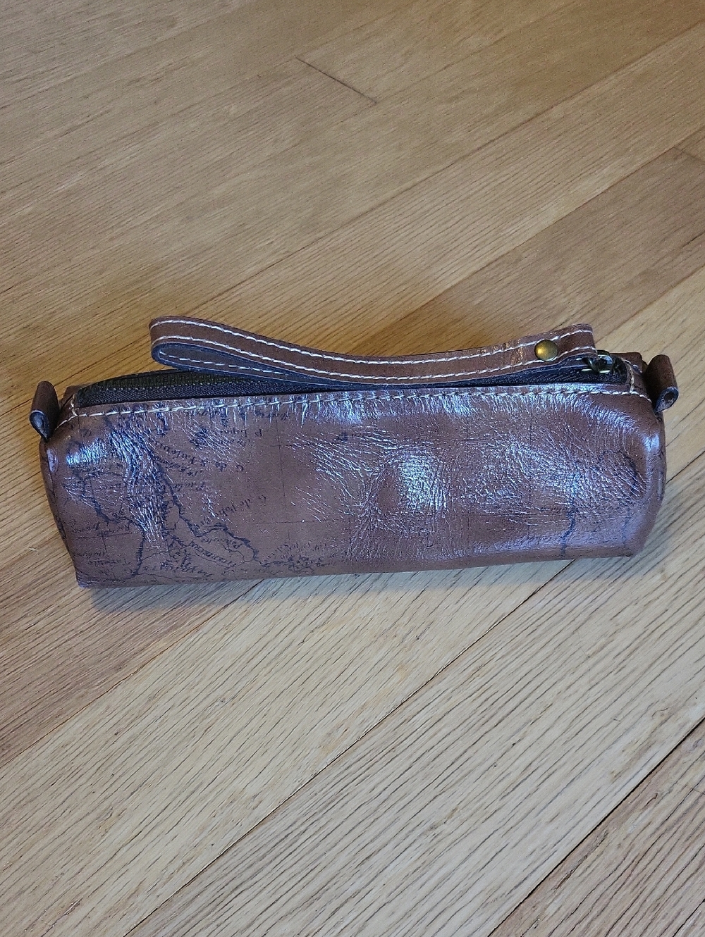 Patricia Nash Brown Leather Wristlet Cosmetic Pouch with Strap